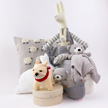 Load image into Gallery viewer, This beautiful pillow with embroidered and applique sheep is perfect for a nursery or child's bedroom. Evocative of Princess Diana's iconic sheep sweater from Rowing Blazers, it could also add a touch of whimsy to any living room.  Material: 100% cotton. Sold with insert. Dry clean only.  Dimensions: 12"x16"