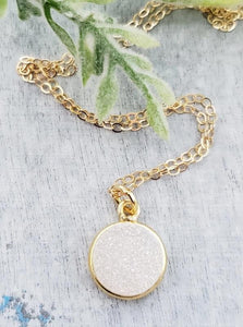 Gold Round Bezel Druzy Necklace - Rainbow White