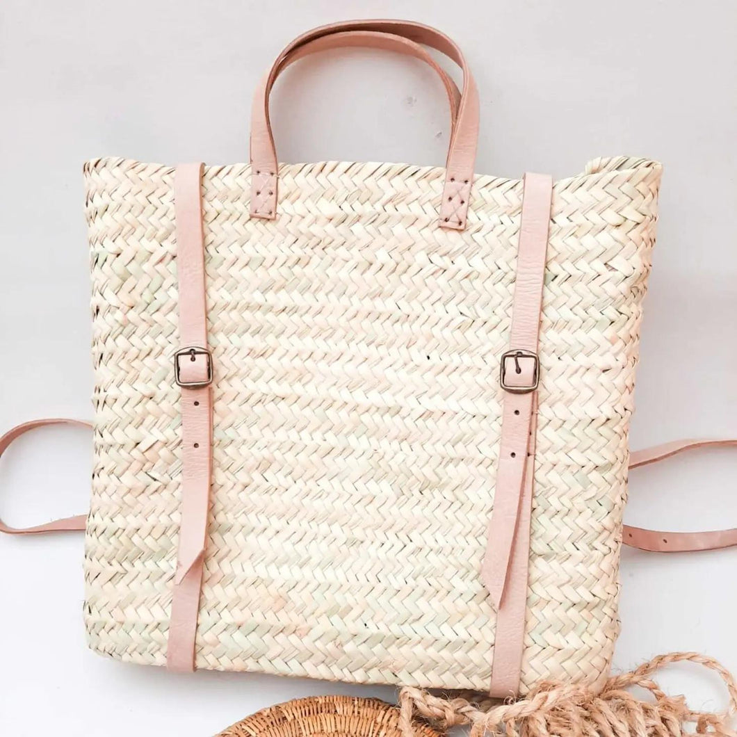 Straw Backpack with Natural Leather Straps