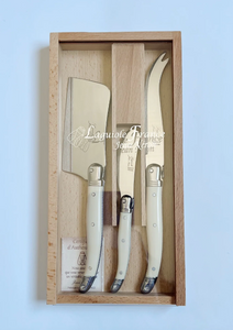 Large Laguiole Ivory Cheese Utensils with Acrylic Lid in Wood Box