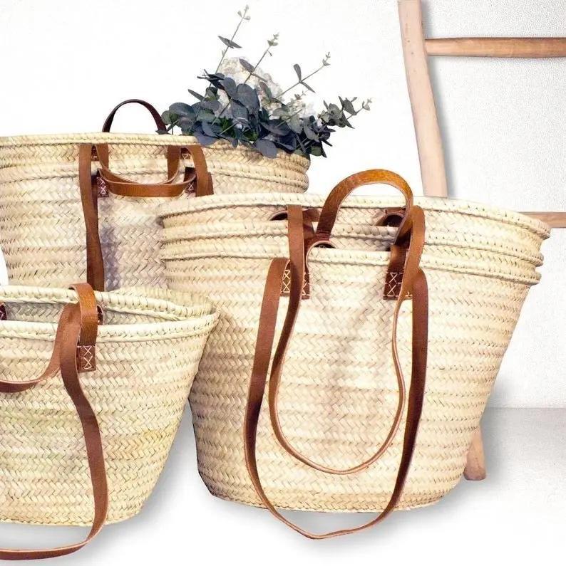 Straw Market Basket with Brown Leather Straps