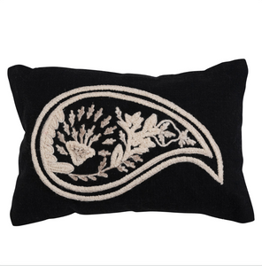 14" x  9" Woven Cotton Slub Lumbar Pillow with Embroidered Paisley