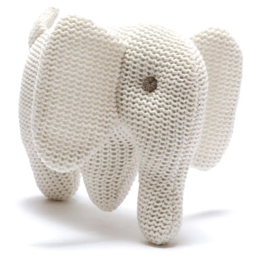 Knitted Elephant baby Rattle - White Organic Cotton