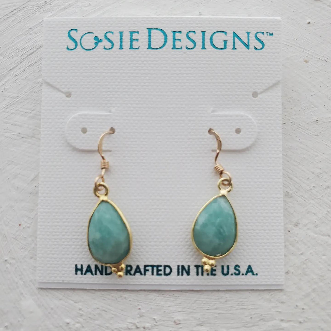 Gold Gemstone Ornate Teardrop Earrings - Amazonite