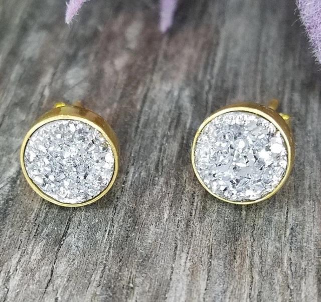 Gold Druzy Quartz Studs Earrings 9mm - Silver