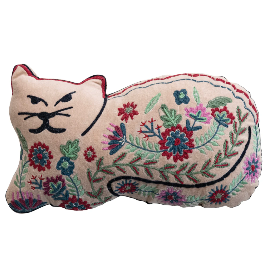 Cotton Velvet Cat Shaped Pillow with Botanicals & Embroidery