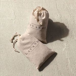 Lavender buds gathered into simple muslin sachet bags can be used to freshen any contained space, such as dresser drawers, hung on clothing hangers, or in your car.