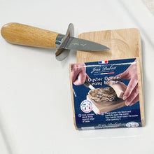 Load image into Gallery viewer, pening oysters has never been easier than with this Oyster opening set. Use the shell knife to pry open the oyster, while the oyster rests safely on the wooden board.
