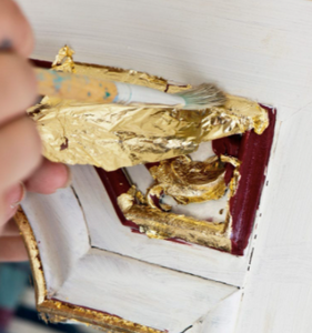 Loose leaf is more affordable than transfer and is perfect for most gilding purposes. It’s particularly good for carved surfaces.  Apply by using the Annie Sloan Gold Size. 