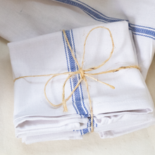 Load image into Gallery viewer, French bistro towels sold in sets of four or individually. A great addition to any kitchen.  You can order these in a bundle of four or in singles.  Size: 24.5&quot; H 14&quot; W  100% Cotton  *These can be bleached and the blue stripe will not bleed. 
