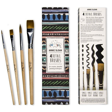 Annie Sloan’s Detail Brush set is designed to bring a no-fuss approach to mark-making and decorative paint effects. Ideal for painting fine details and dynamic shapes using Chalk Paint® and Gilding Waxes, the four brushes give great control, amazing precision and ensure an even spread of colour thanks to their soft, durable bristles.  One set comes with four brushes, Small Round, Small Flat, Large Round and Large Flat. 
