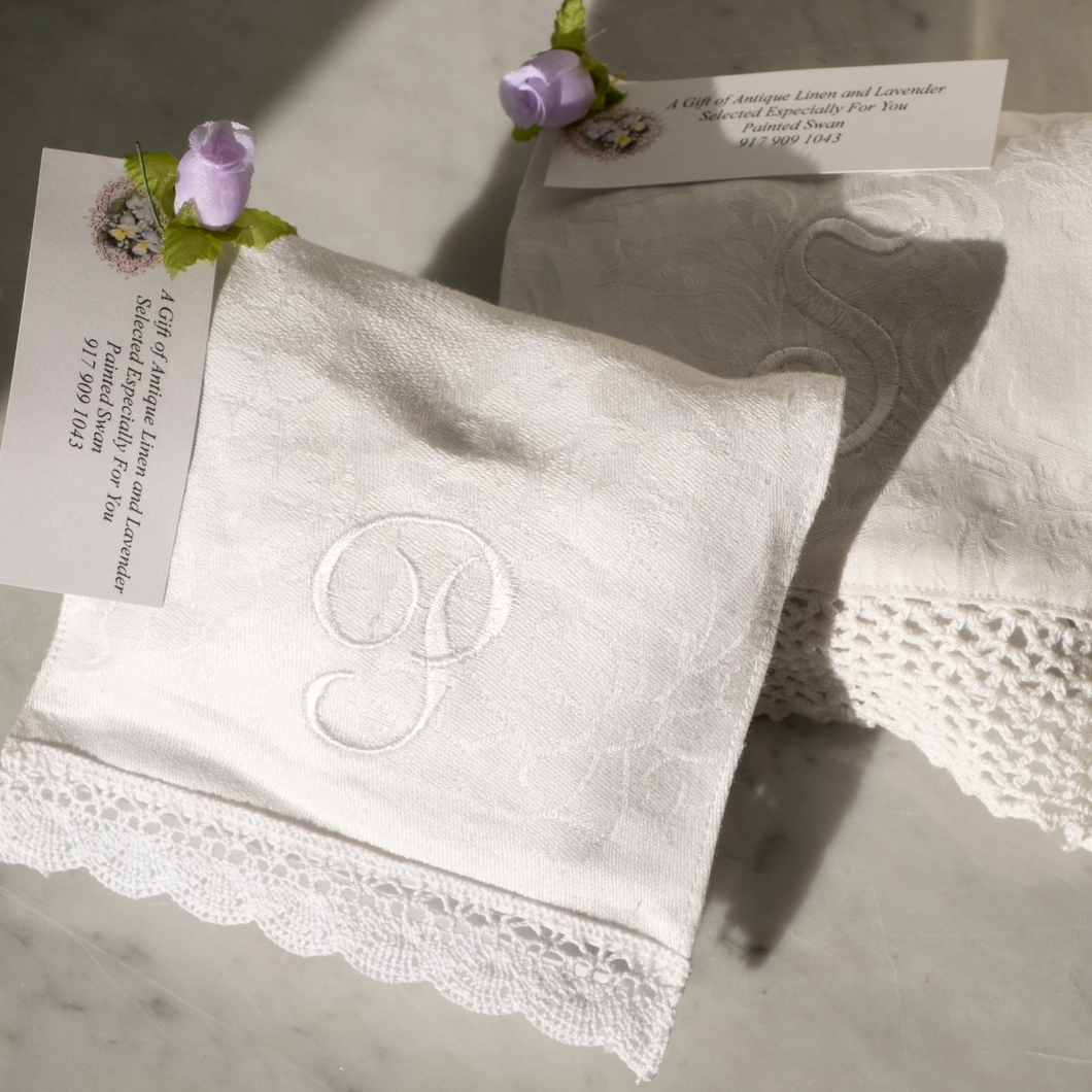 These hand-crafted lavender sachets are made from vintage linens, each finished with intricate lace details and stitched initials.   Please note: as these are made with found vintage linens, every piece is unique. Expect variances in embroidery and lace trim.